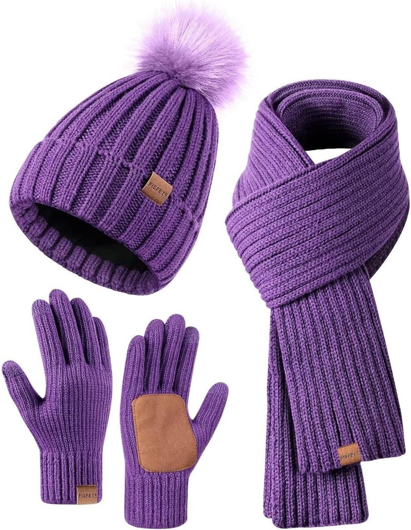FISFET Winter Beanie Hat Scarf Gloves Set for Women, Womens Beanie with Pom Pom Long Scarf Neck Warmer Touchscreen Gloves 3 in 1 Set - Image 1